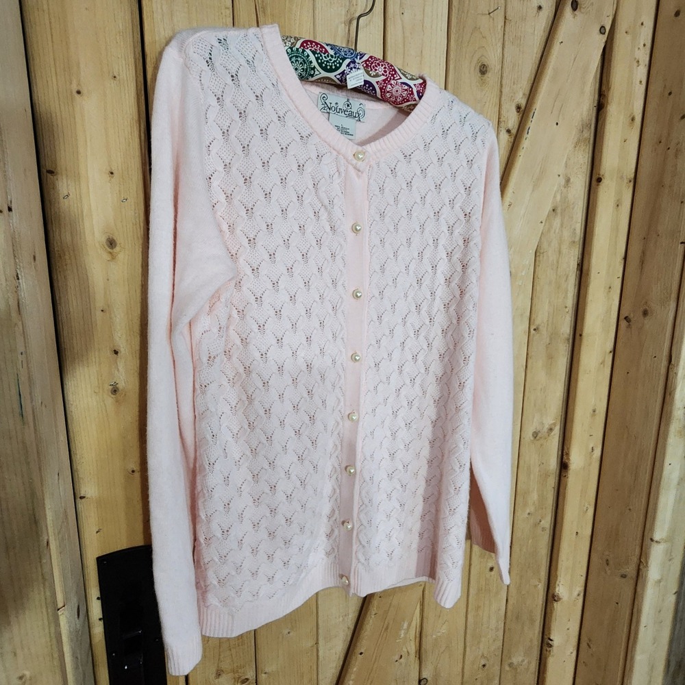 Nouveaux Pink Pointelle Cardigan Sweater Faux Pearl Button Front Long Sleeve L